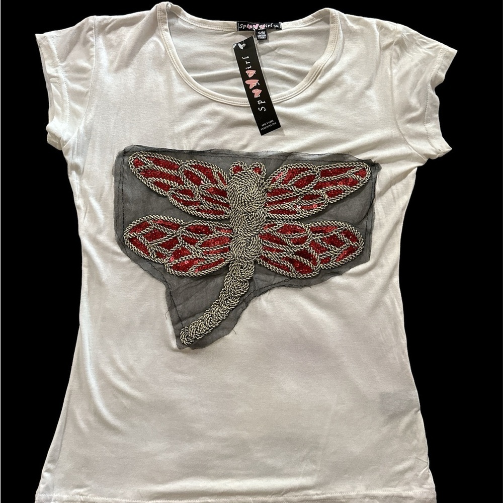 Short Sleeves Ivory S/M T Shirt With Sequins Butterfly Applique BNWT - Picture 3 of 8